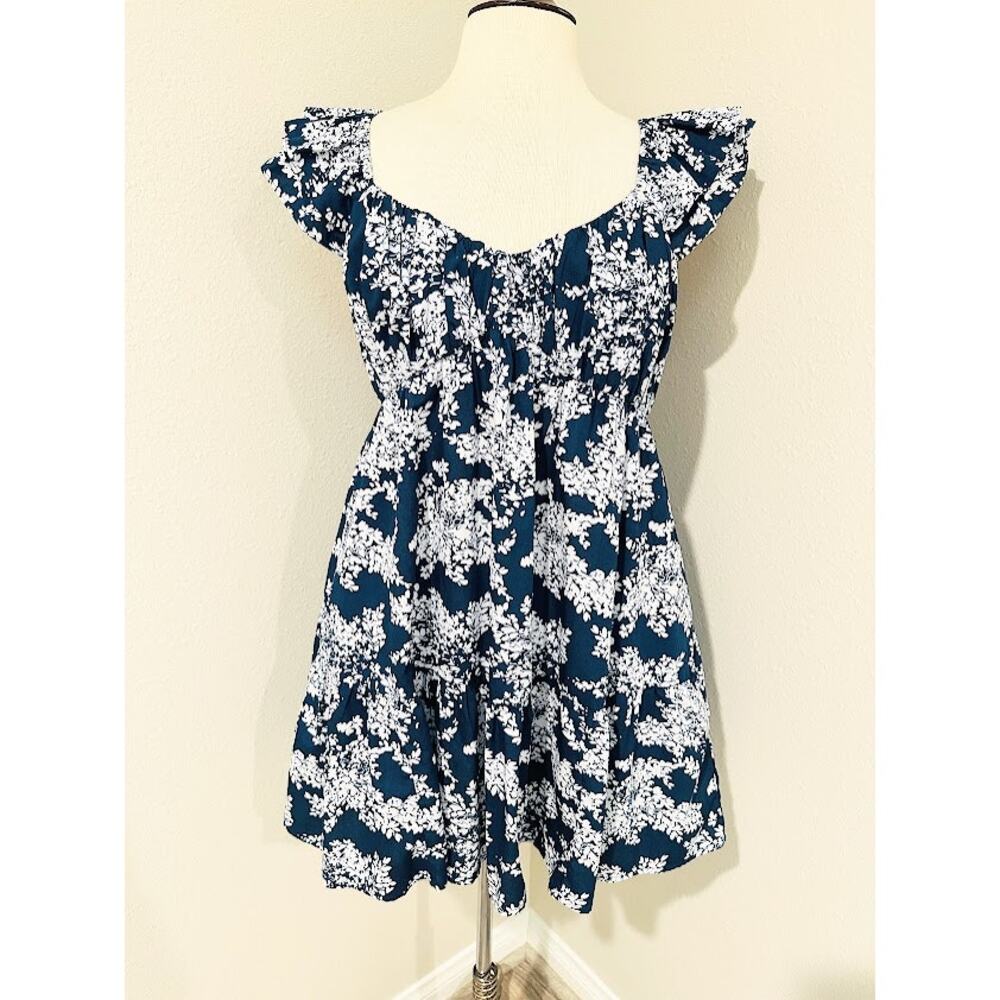 Abercrombie & Fitch Ruched Flutter Sleeve Mini Dress Navy Floral Large